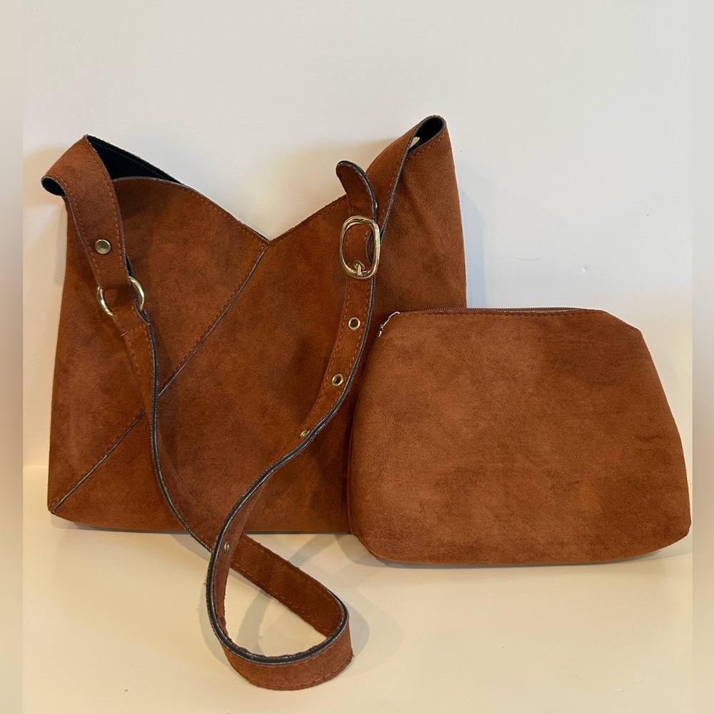 Nutmeg Brown Suede Asymmetrical Crossbody Purse with Matching Pouch
